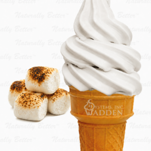A product photo showcasing a crisp, golden waffle cone filled with a high, uniform swirl of white soft serve ice cream, featuring the "Wadden Systems, Inc." logo printed clearly on the cone wrapper. To the left of the ice cream cone sits a neatly stacked pile of three small, fluffy marshmallows that have been toasted to a rich caramel brown with dark, fire-singed sear marks. The entire composition sits against a clean, plain white studio background embedded with faint, diagonal text watermarks reading "Naturally Better™."